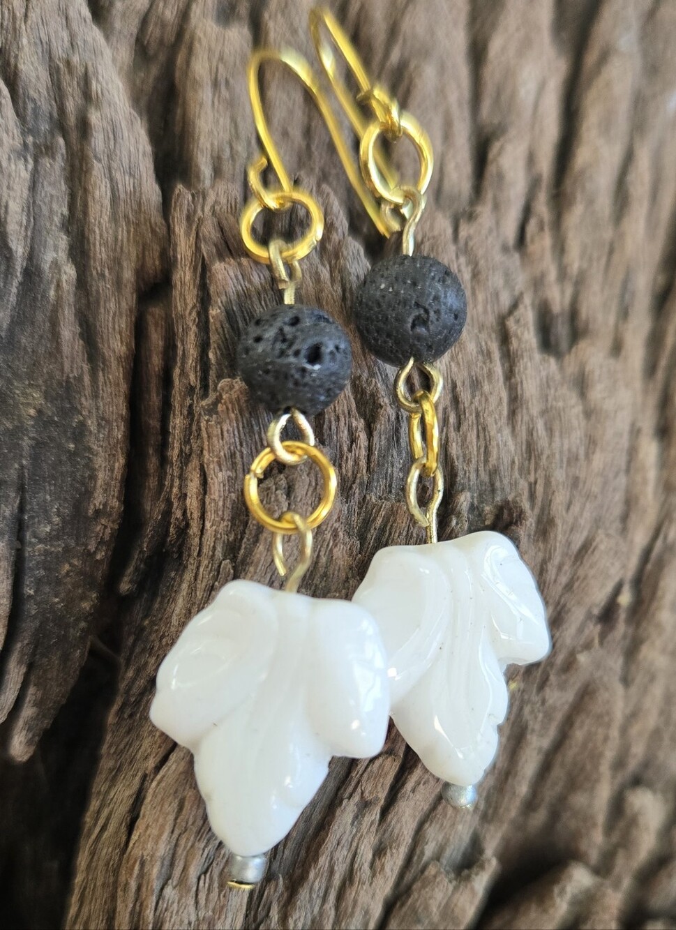 Black Lava Aromatherapy Earrings White Glass Leaf Beads Gold Tone 2"